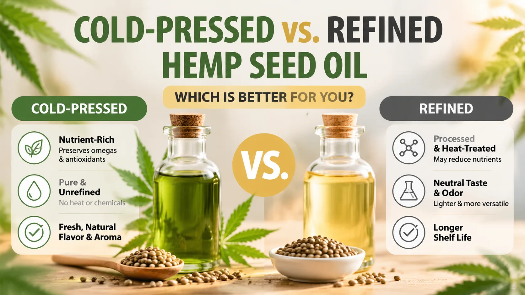 Koudgeperst vs. geraffineerde hennepzaadolie: welke is beter voor u? 9 Cold-Pressed vs. Refined Hemp Seed Oil Which Is Better for You