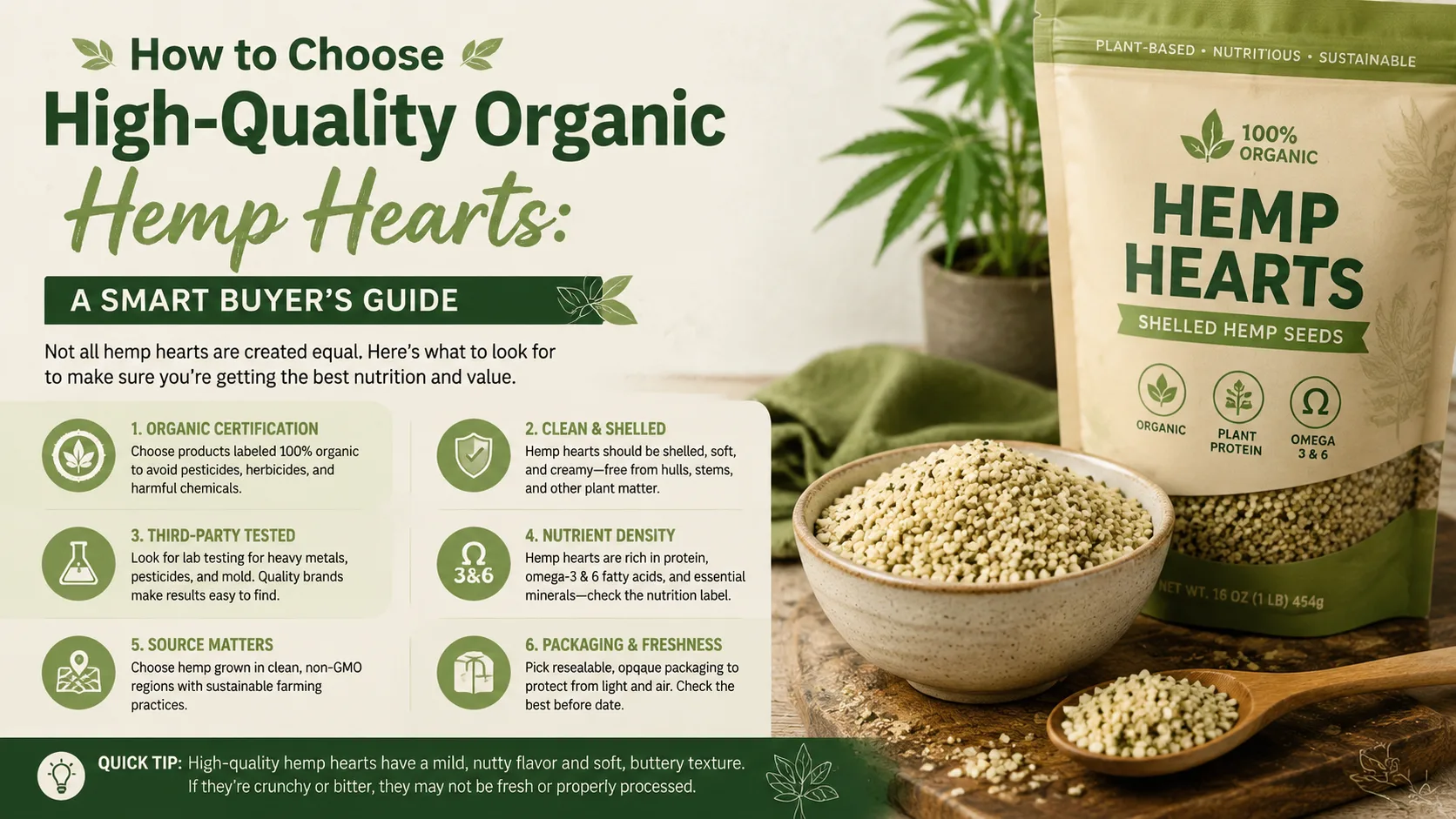 Hoe u hoogwaardige biologische hennepzaadhartjes kiest: een slimme kopersgids 3 How to Choose High‑Quality Organic Hemp Hearts A Smart Buyer’s Guide